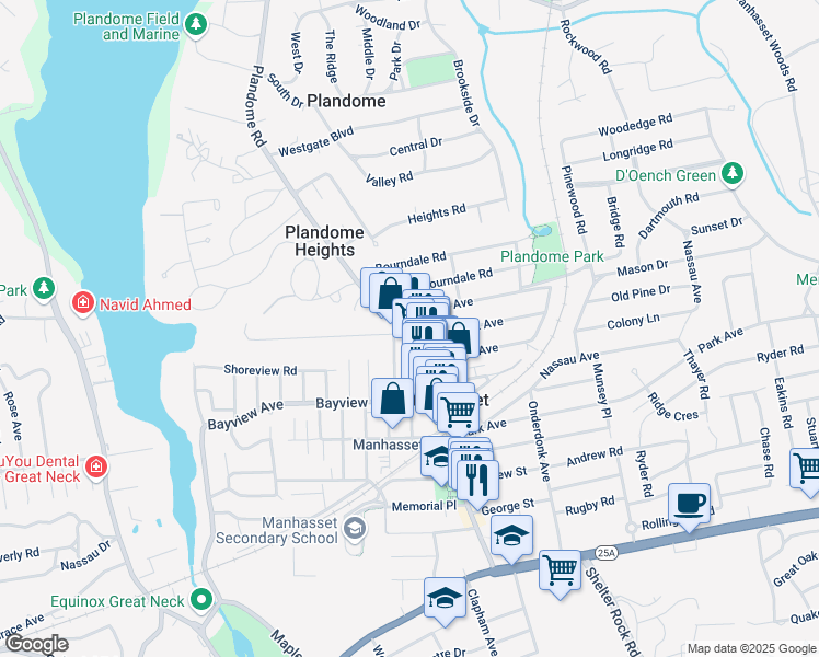 map of restaurants, bars, coffee shops, grocery stores, and more near 550 Plandome Road in Manhasset