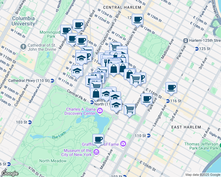 map of restaurants, bars, coffee shops, grocery stores, and more near 70 Malcolm X Boulevard in New York