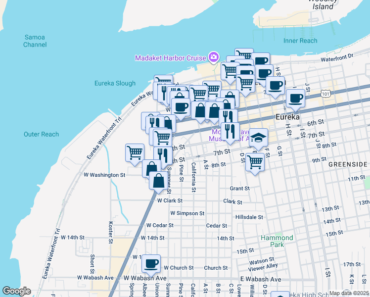 map of restaurants, bars, coffee shops, grocery stores, and more near 607 Summer Street in Eureka