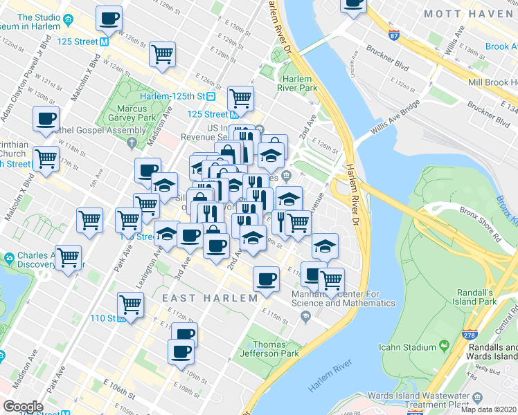 map of restaurants, bars, coffee shops, grocery stores, and more near 239 East 120th Street in New York