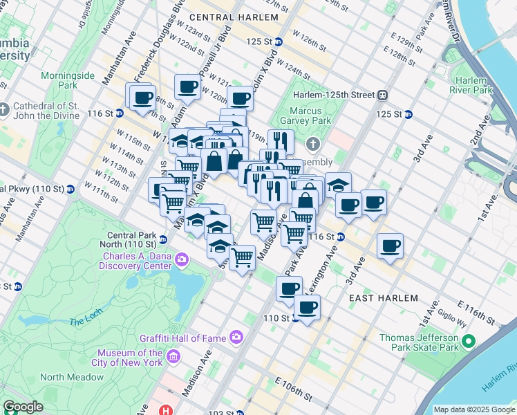 map of restaurants, bars, coffee shops, grocery stores, and more near in New York