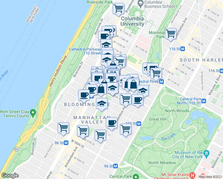 map of restaurants, bars, coffee shops, grocery stores, and more near 947 Amsterdam Avenue in New York