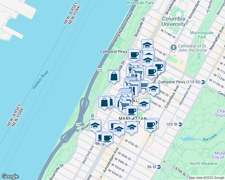 map of restaurants, bars, coffee shops, grocery stores, and more near 314 Riverside Drive in New York