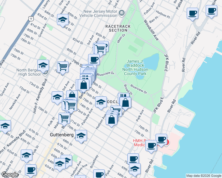 map of restaurants, bars, coffee shops, grocery stores, and more near 325 79th Street in North Bergen