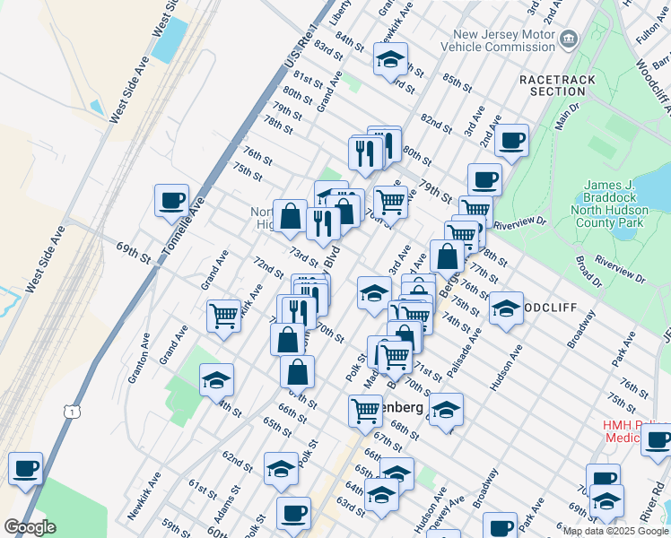 map of restaurants, bars, coffee shops, grocery stores, and more near 7231 John F. Kennedy Boulevard in North Bergen