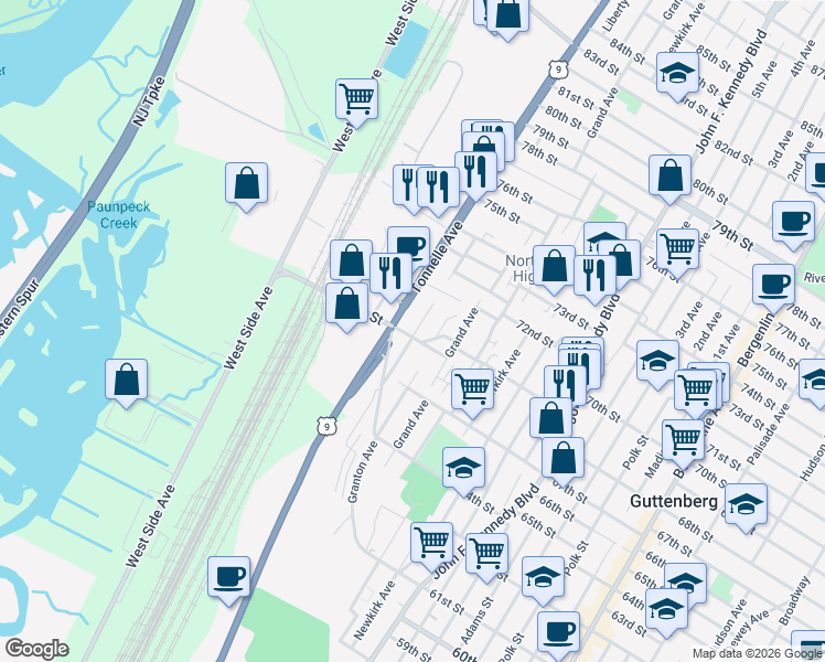 map of restaurants, bars, coffee shops, grocery stores, and more near 1706 69th Street in North Bergen