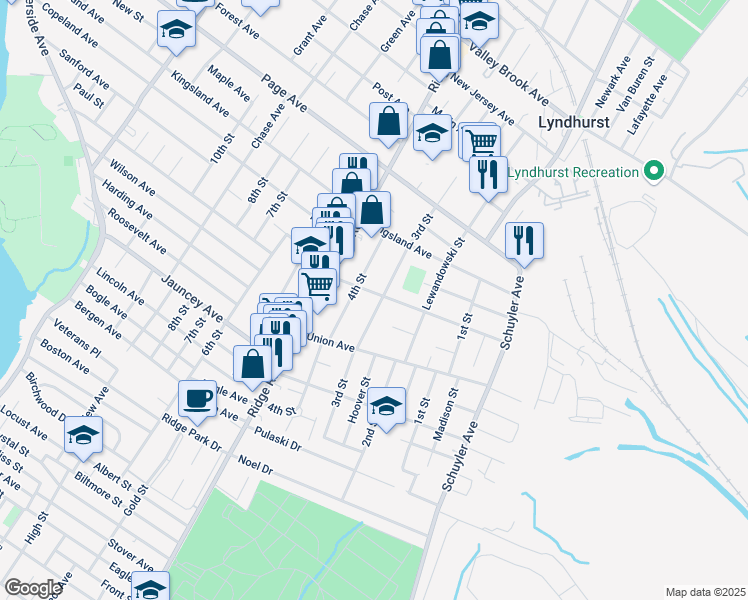 map of restaurants, bars, coffee shops, grocery stores, and more near 642 Ten Eyck Avenue in Lyndhurst