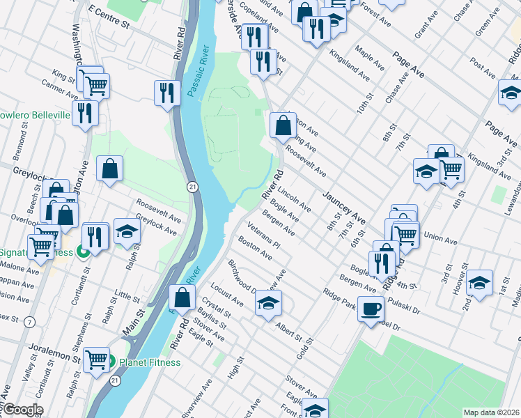 map of restaurants, bars, coffee shops, grocery stores, and more near 443 River Road in North Arlington