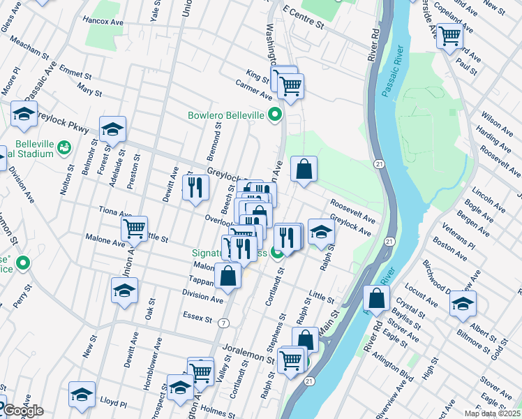 map of restaurants, bars, coffee shops, grocery stores, and more near 128 Floyd Street in Belleville
