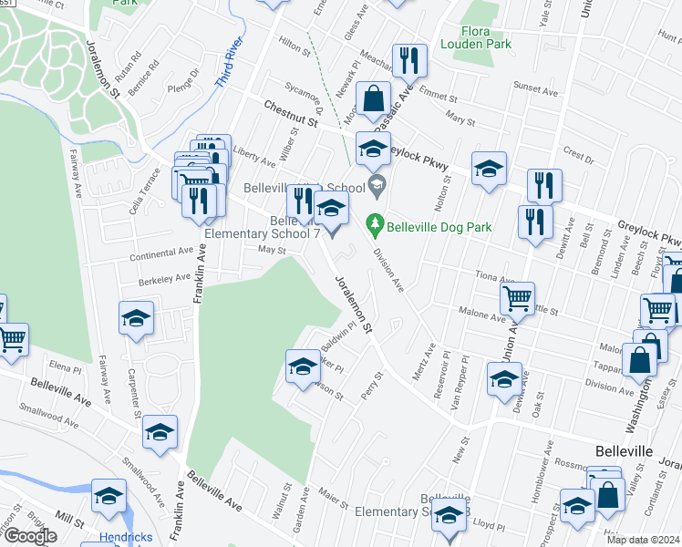 map of restaurants, bars, coffee shops, grocery stores, and more near 482 Joralemon Street in Belleville