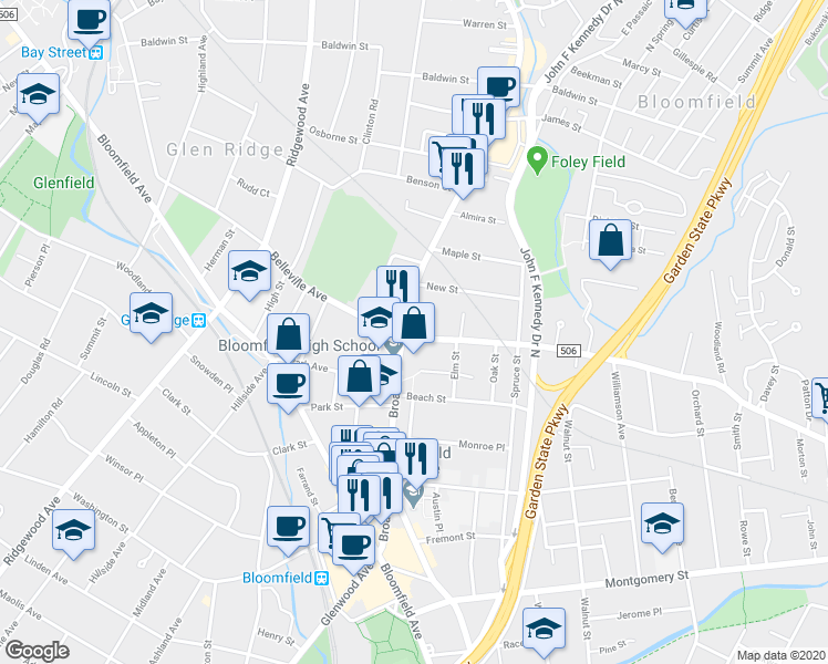 map of restaurants, bars, coffee shops, grocery stores, and more near 337 Belleville Avenue in Bloomfield