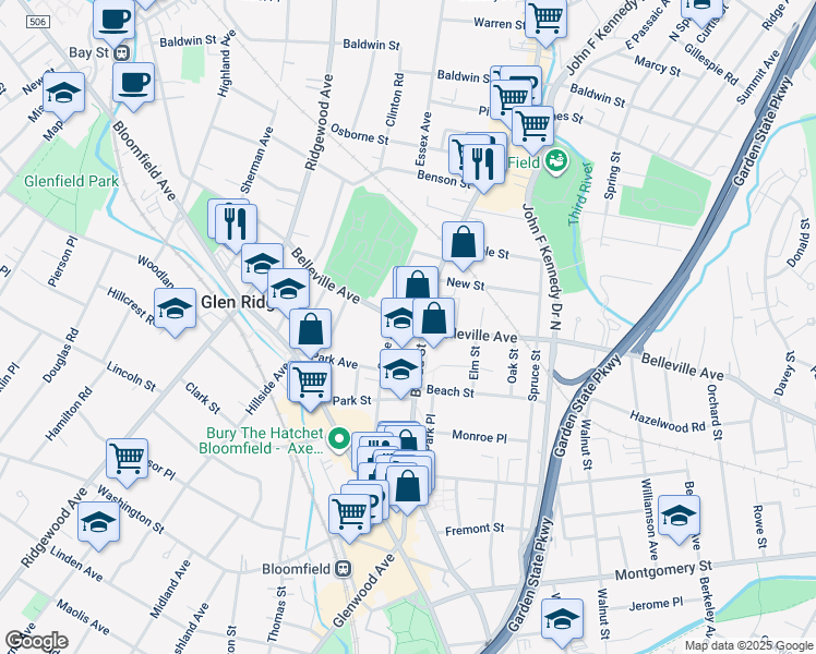 map of restaurants, bars, coffee shops, grocery stores, and more near 355 Belleville Avenue in Bloomfield