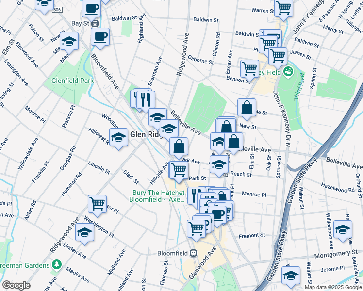 map of restaurants, bars, coffee shops, grocery stores, and more near 24 Edgewood Road in Glen Ridge