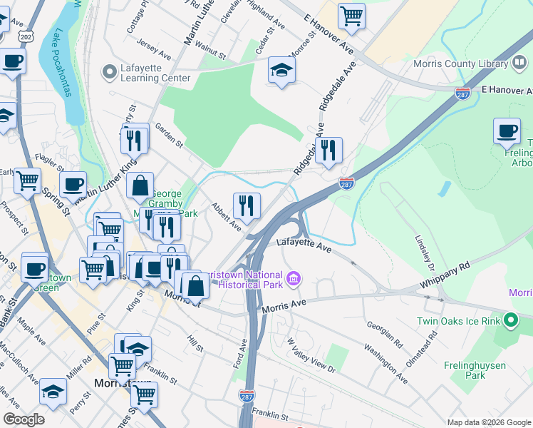 map of restaurants, bars, coffee shops, grocery stores, and more near 81 Ridgedale Avenue in Morristown