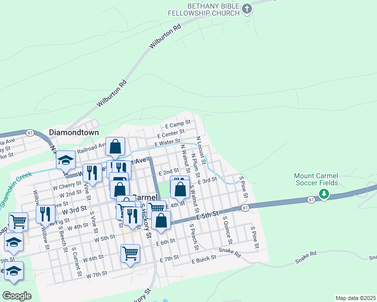 map of restaurants, bars, coffee shops, grocery stores, and more near 146 North Locust Street in Mount Carmel