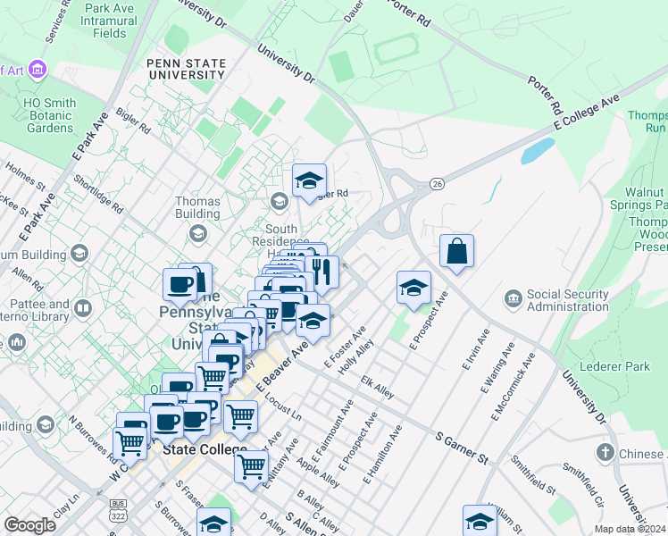 map of restaurants, bars, coffee shops, grocery stores, and more near in State College