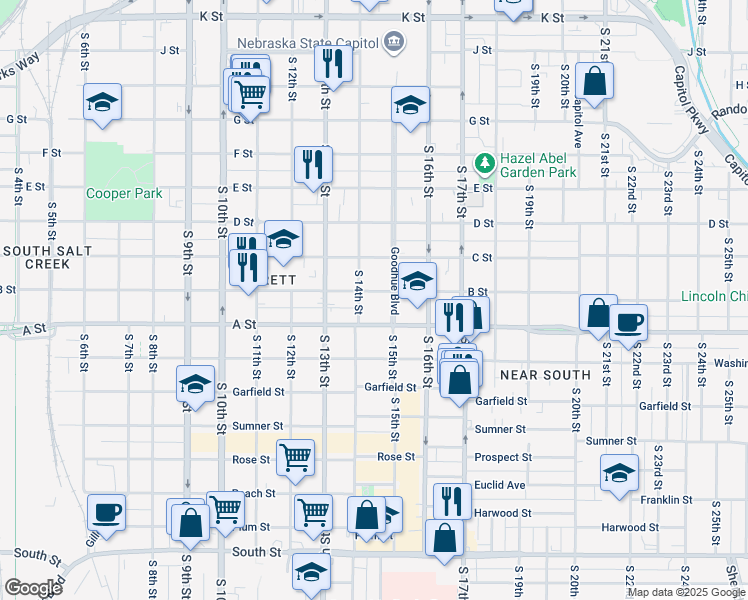 map of restaurants, bars, coffee shops, grocery stores, and more near 1427 B Street in Lincoln