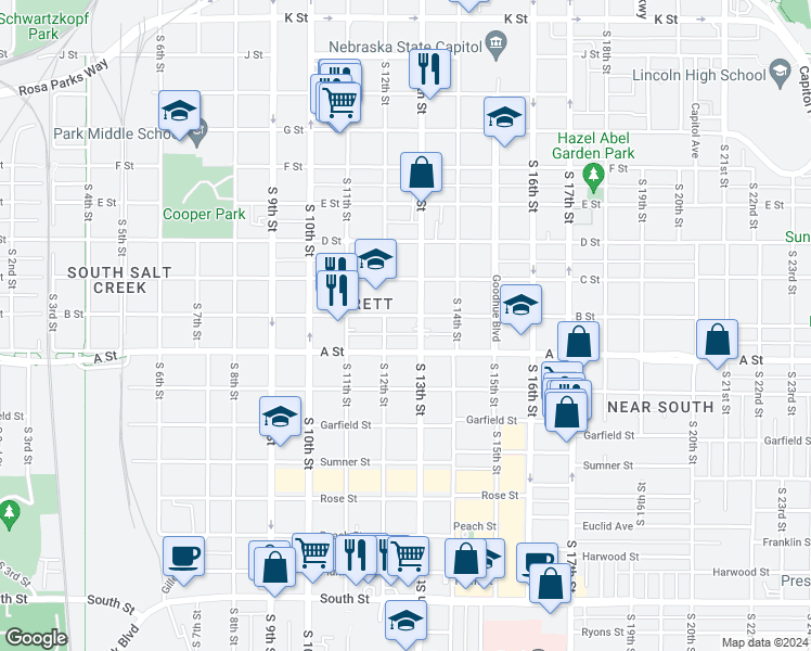 map of restaurants, bars, coffee shops, grocery stores, and more near 1215 B Street in Lincoln