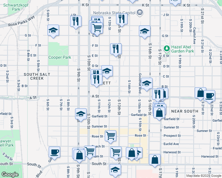 map of restaurants, bars, coffee shops, grocery stores, and more near 1215 B Street in Lincoln