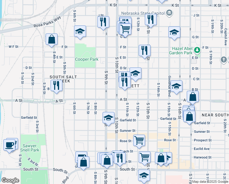 map of restaurants, bars, coffee shops, grocery stores, and more near 925 B Street in Lincoln