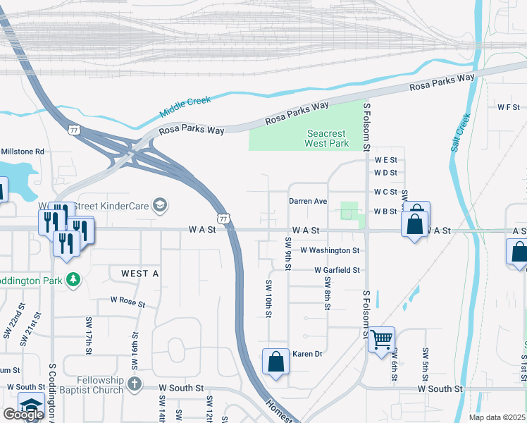 map of restaurants, bars, coffee shops, grocery stores, and more near 1301 Southwest 10th Street in Lincoln
