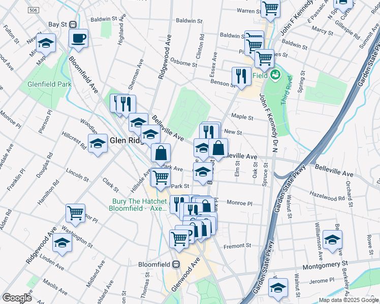 map of restaurants, bars, coffee shops, grocery stores, and more near 114 State Street in Bloomfield