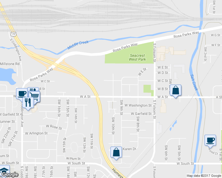 map of restaurants, bars, coffee shops, grocery stores, and more near 1301 SW 10th St in Lincoln