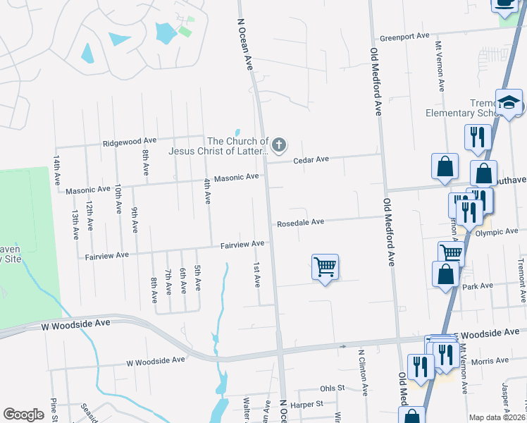 map of restaurants, bars, coffee shops, grocery stores, and more near 53 1st Avenue in Holtsville