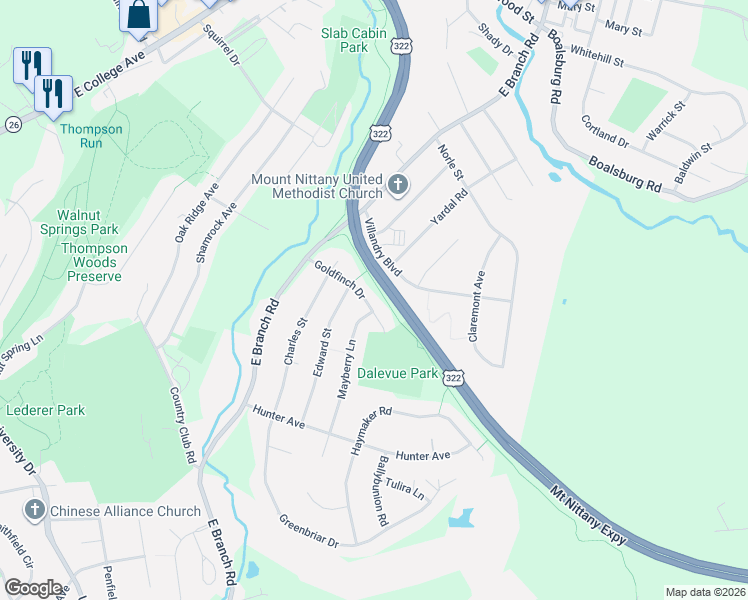 map of restaurants, bars, coffee shops, grocery stores, and more near 393-439 Goldfinch Drive in State College