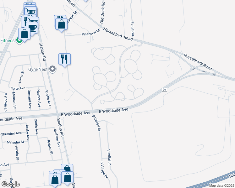 map of restaurants, bars, coffee shops, grocery stores, and more near 1208 Orchid Circle in Bellport