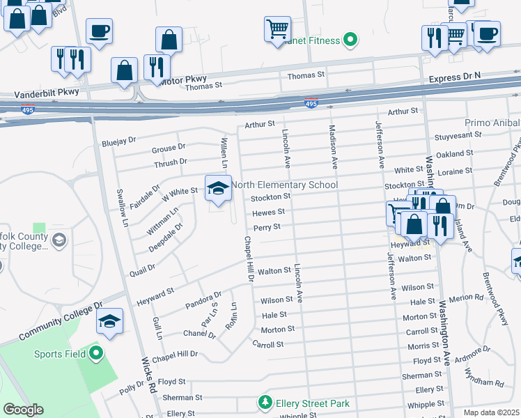 map of restaurants, bars, coffee shops, grocery stores, and more near 5 Hewes Street in Brentwood