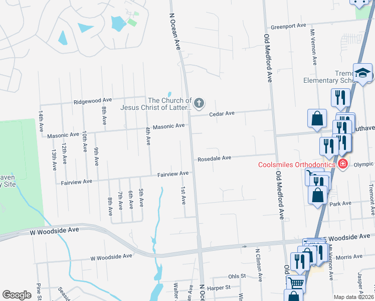 map of restaurants, bars, coffee shops, grocery stores, and more near 1128 North Ocean Avenue in Medford