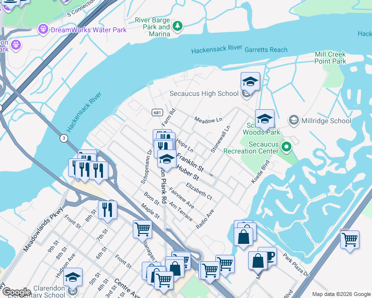 map of restaurants, bars, coffee shops, grocery stores, and more near 7 Myrtle Avenue in Secaucus