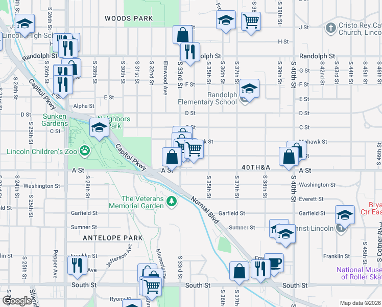 map of restaurants, bars, coffee shops, grocery stores, and more near 3334 B Street in Lincoln
