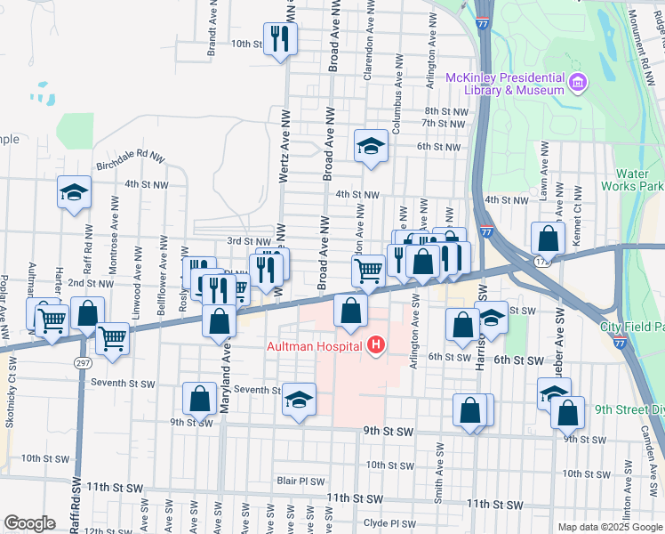 map of restaurants, bars, coffee shops, grocery stores, and more near 2704 2nd Street Northwest in Canton
