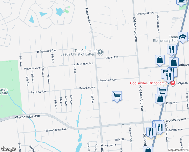 map of restaurants, bars, coffee shops, grocery stores, and more near 1128 North Ocean Avenue in Medford