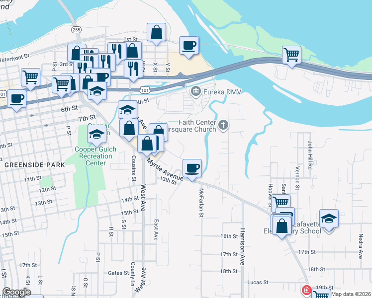 map of restaurants, bars, coffee shops, grocery stores, and more near 943 Dowler Drive in Eureka
