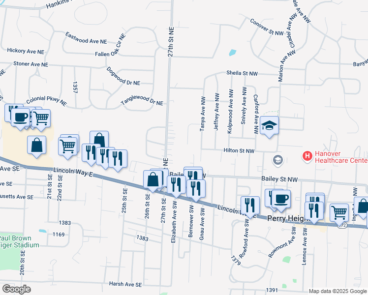 map of restaurants, bars, coffee shops, grocery stores, and more near 501 Rachel Circle Northwest in Massillon
