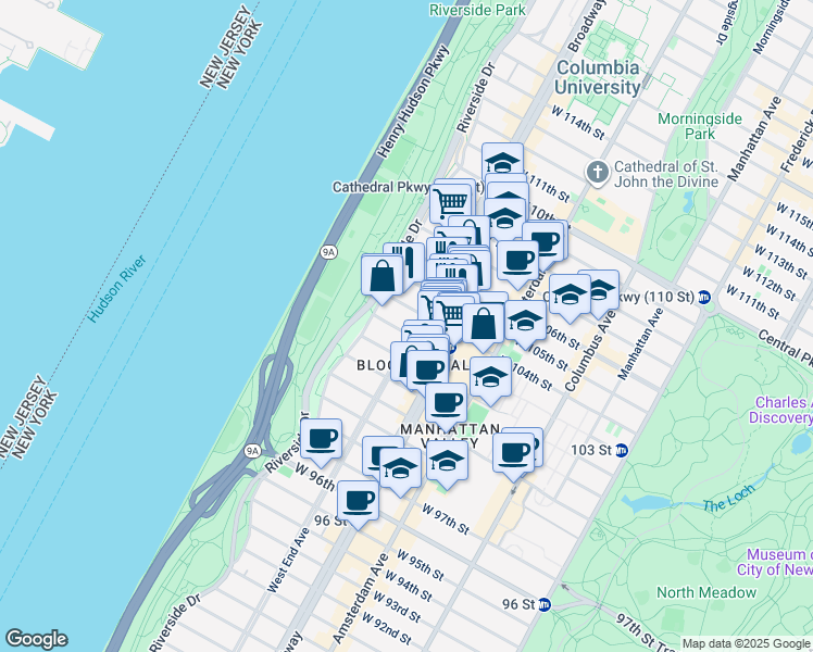 map of restaurants, bars, coffee shops, grocery stores, and more near 890 West End Avenue in New York