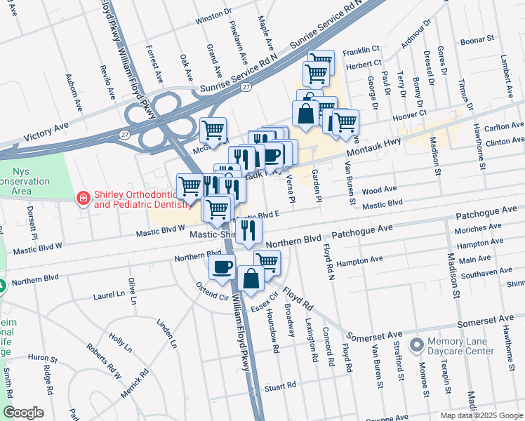 map of restaurants, bars, coffee shops, grocery stores, and more near 143 Mastic Boulevard East in Mastic