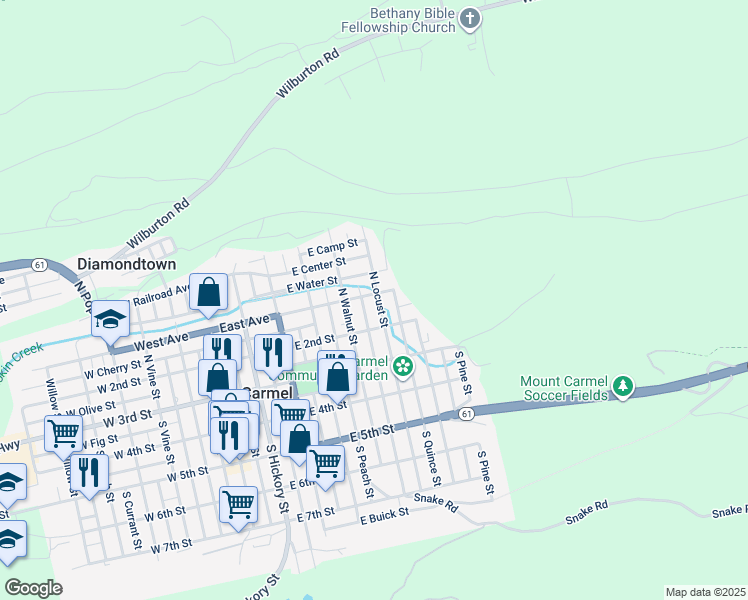 map of restaurants, bars, coffee shops, grocery stores, and more near 146 North Locust Street in Mount Carmel