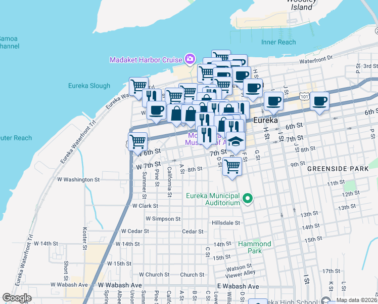 map of restaurants, bars, coffee shops, grocery stores, and more near 27 7th Street in Eureka