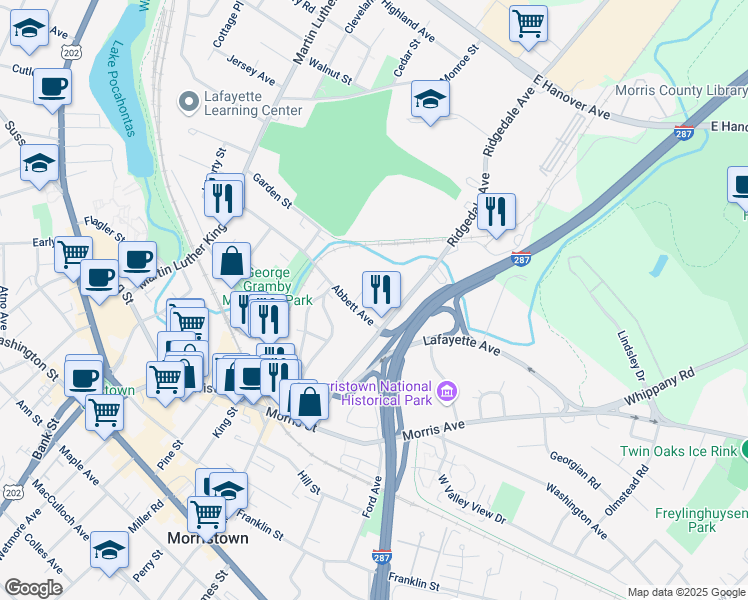 map of restaurants, bars, coffee shops, grocery stores, and more near 9 Legion Place in Morristown