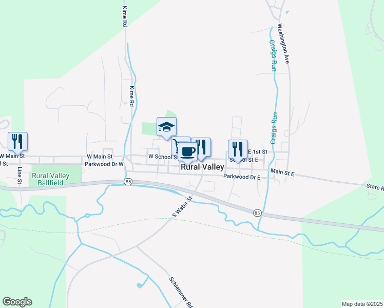 map of restaurants, bars, coffee shops, grocery stores, and more near 706 Middle 1st Street in Rural Valley