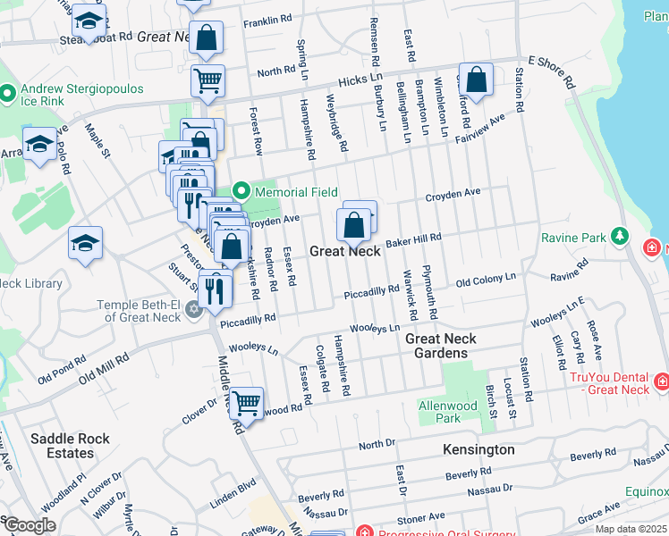map of restaurants, bars, coffee shops, grocery stores, and more near 54 Hampshire Road in Great Neck