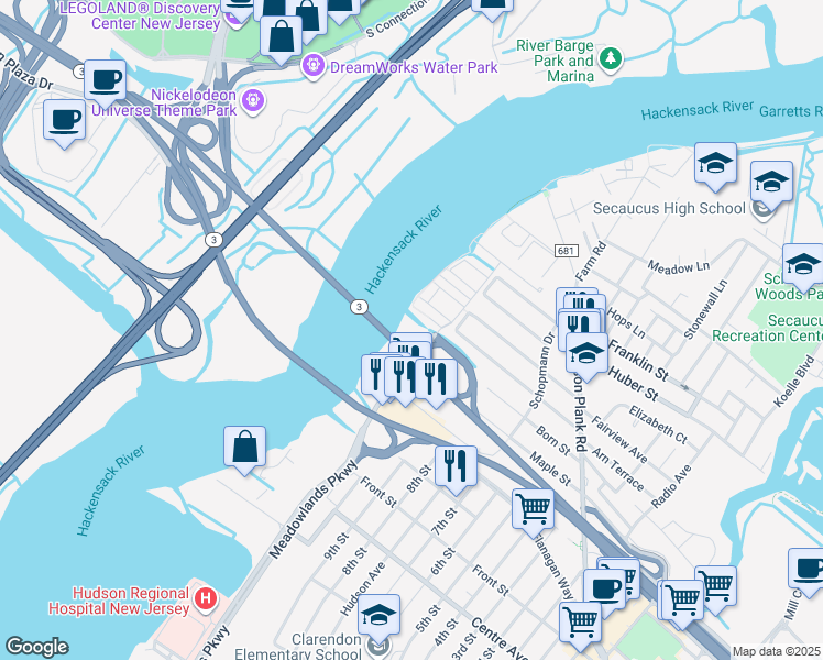 map of restaurants, bars, coffee shops, grocery stores, and more near 1 Meadowlands Parkway in Secaucus