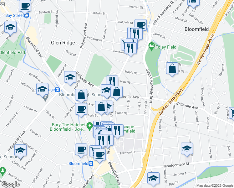 map of restaurants, bars, coffee shops, grocery stores, and more near 347 Belleville Avenue in Bloomfield