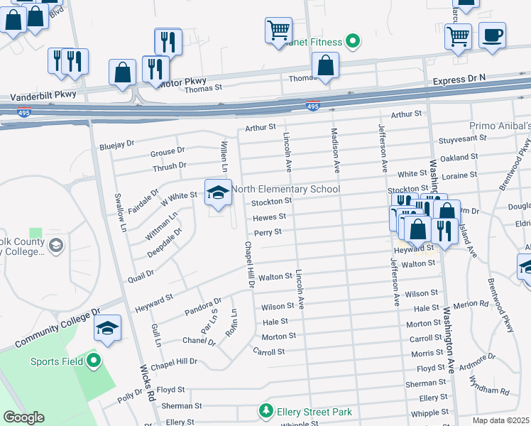 map of restaurants, bars, coffee shops, grocery stores, and more near 5 Hewes St in Brentwood