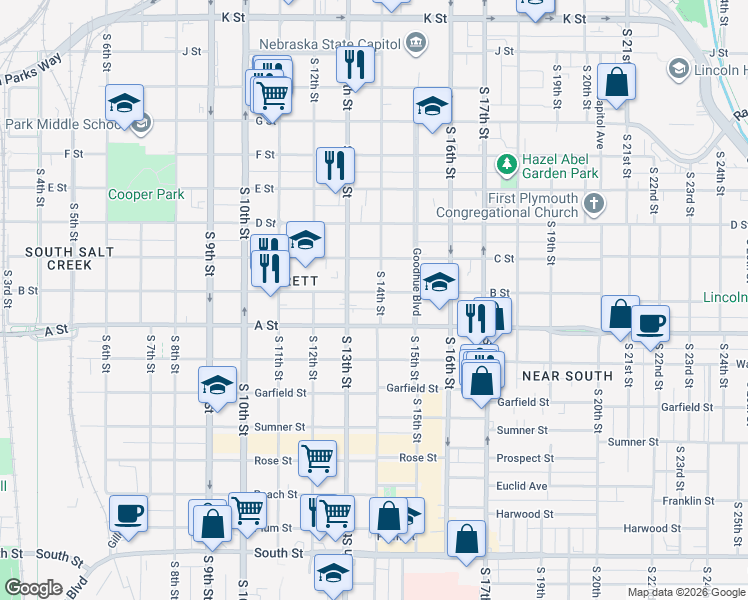 map of restaurants, bars, coffee shops, grocery stores, and more near 1345 B Street in Lincoln
