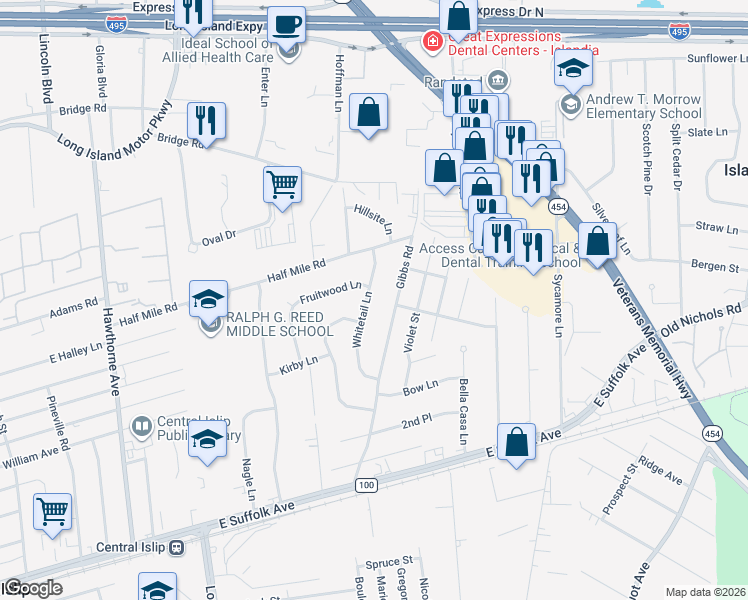 map of restaurants, bars, coffee shops, grocery stores, and more near 211 Whitetail Lane in Central Islip